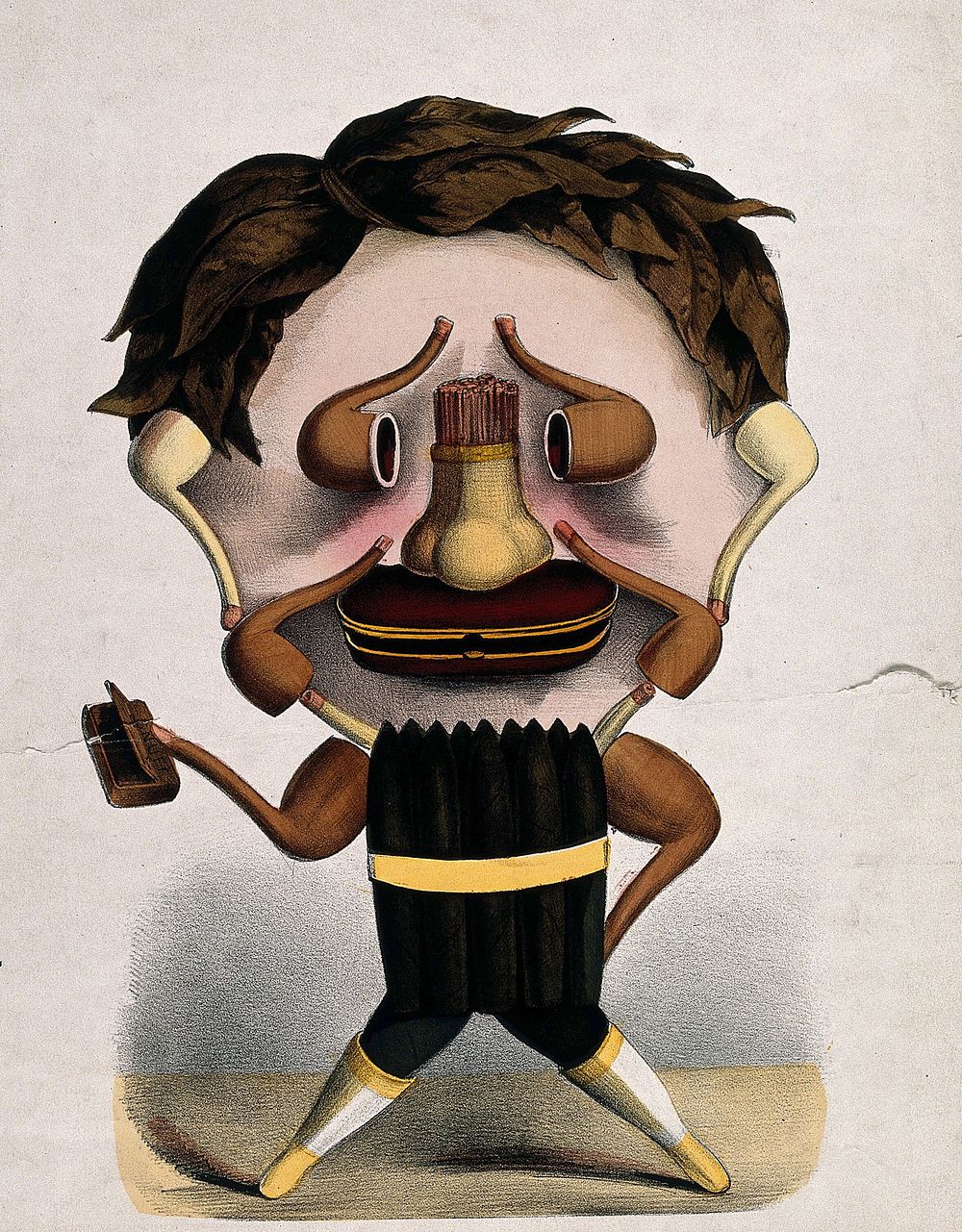The figure of a man with extra large head made up from cigars, pipes, tobacco leaves, etc. Coloured lithograph by T. Worth…