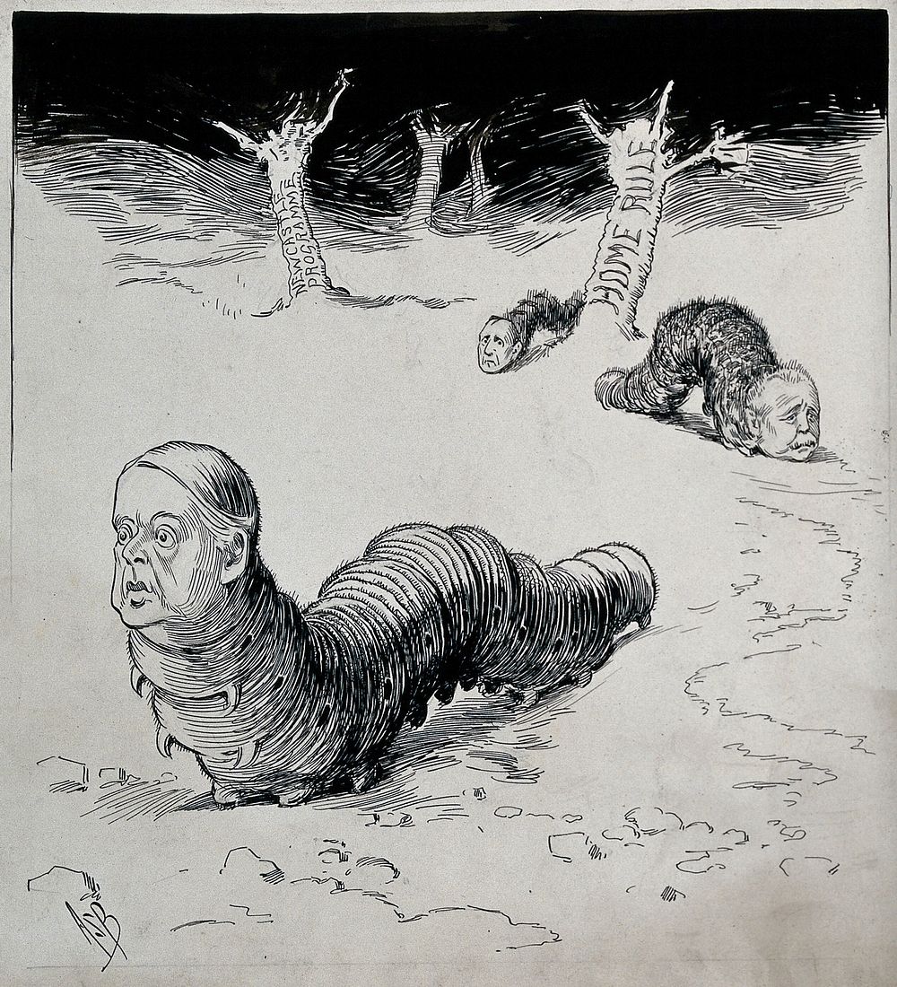 Lord Rosebery and two other politicians represented as caterpillars searching for leaves in a barren landscape. Drawing by…