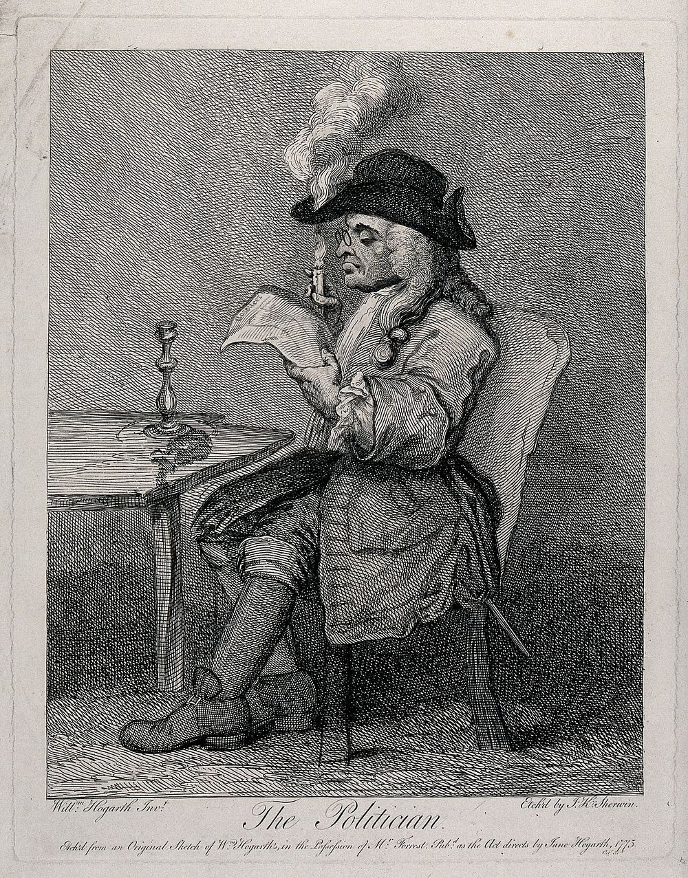 A politician engrossed in reading the "Gazetteer" and burning the brim of his hat with a candle while he does so. Etching by…