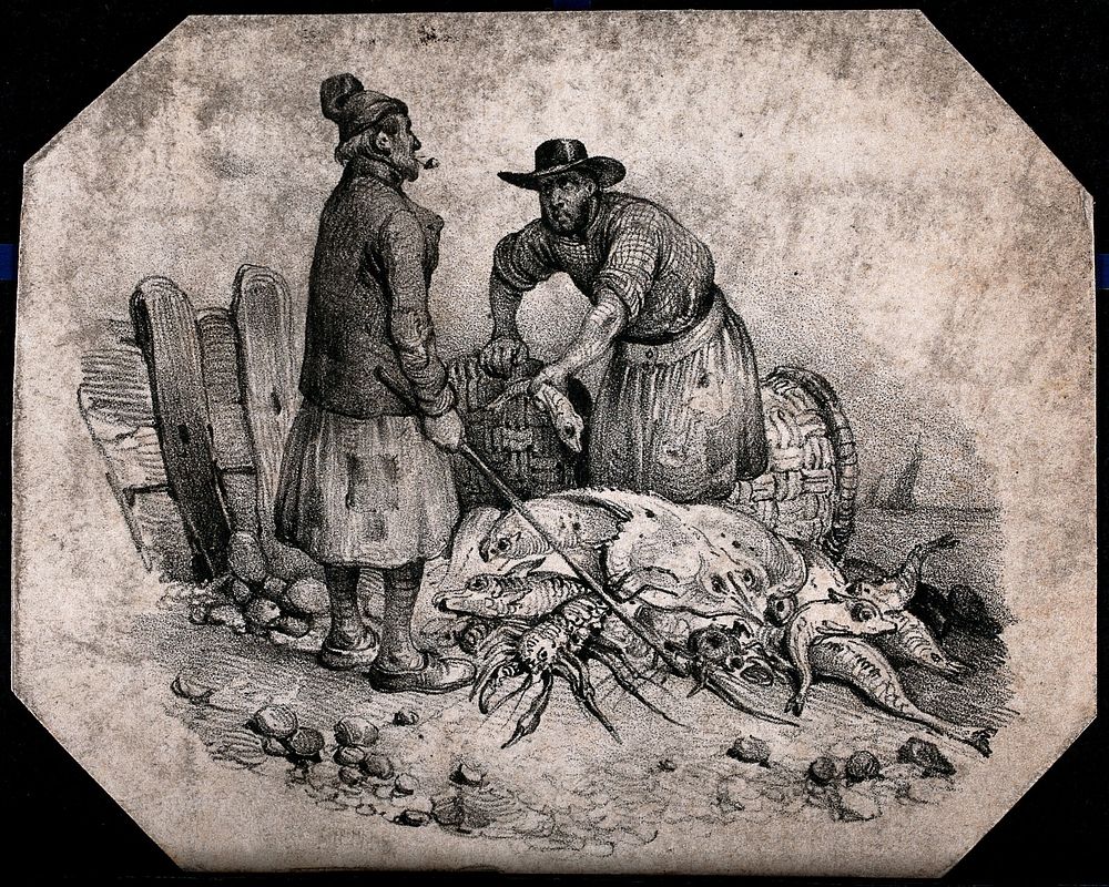 Two fisherman are standing on a beach with their catch including skate and lobster. Lithograph.