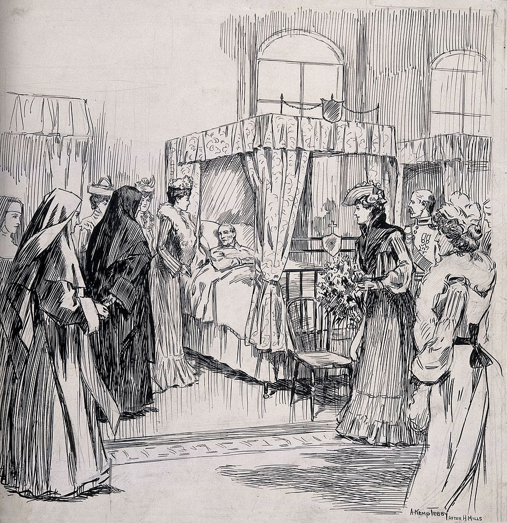 Queen Alexandra visiting the sick in the Patrick ward, Dublin Hospital for the Dying, Ireland. Pen and ink drawing by A.…