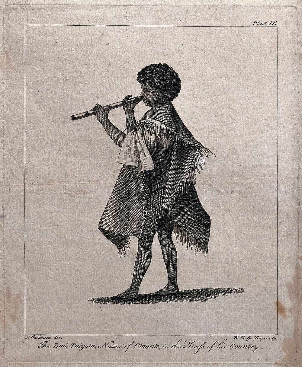 Taiyota, a boy from Otaheite (Tahiti), playing the nose-flute. Etching by R.B. Godfrey, 1773, after S. Parkinson.