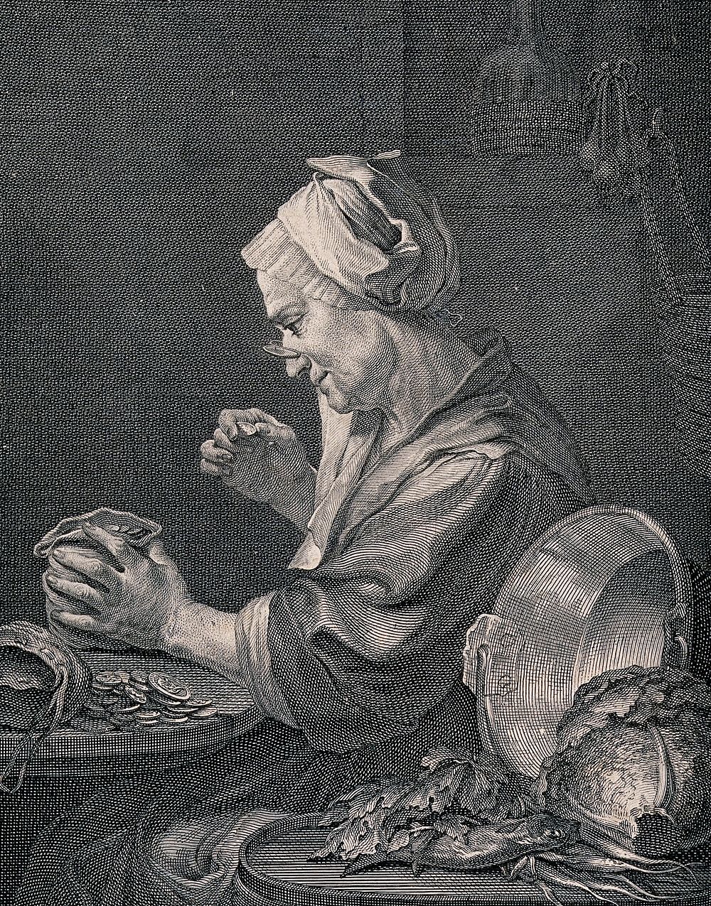 A woman is sitting in a kitchen looking closely at a coin in her hand while a bag of money sits on the table. Engraving by…