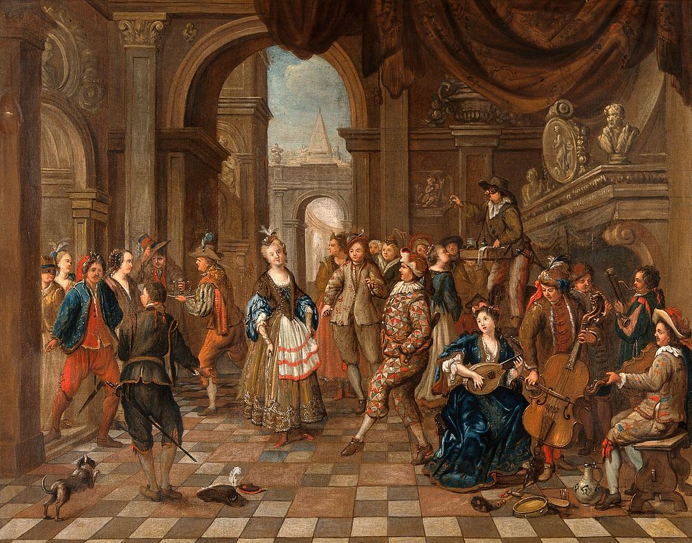 A party with music and actors entertaining the company. Oil painting attributed to Hendrick Goovaerts, ca. 1710.