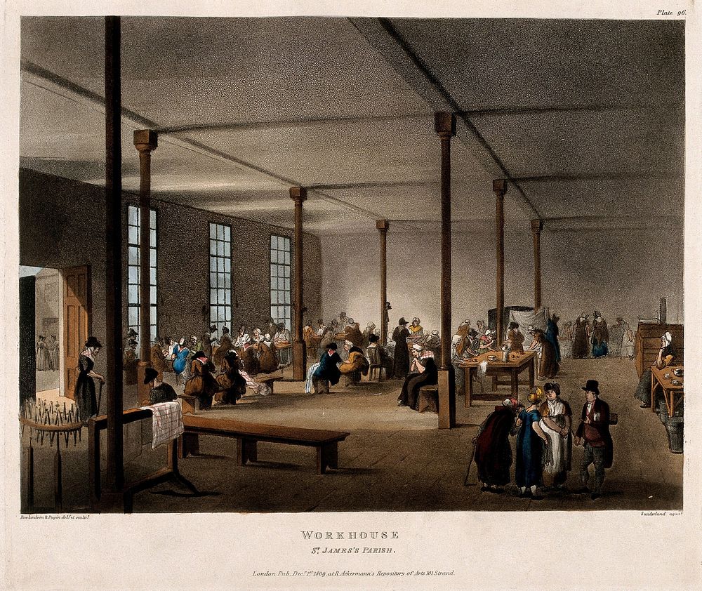 The Workhouse, Poland Street, Soho: the interior. Coloured aquatint by T. Sunderland after A. C. Pugin and T. Rowlandson…