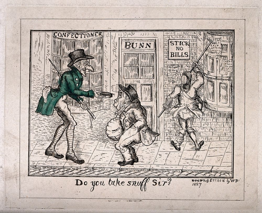 A street scene with a tall man offering snuff to a short, fat man. Coloured etching by W.P., 1827.