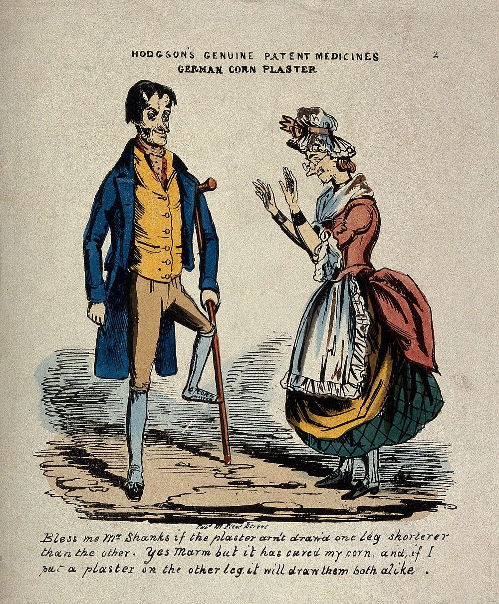 A man wearing a 'german corn plaster', which has caused his leg to shrink. Coloured reproduction of an etching.