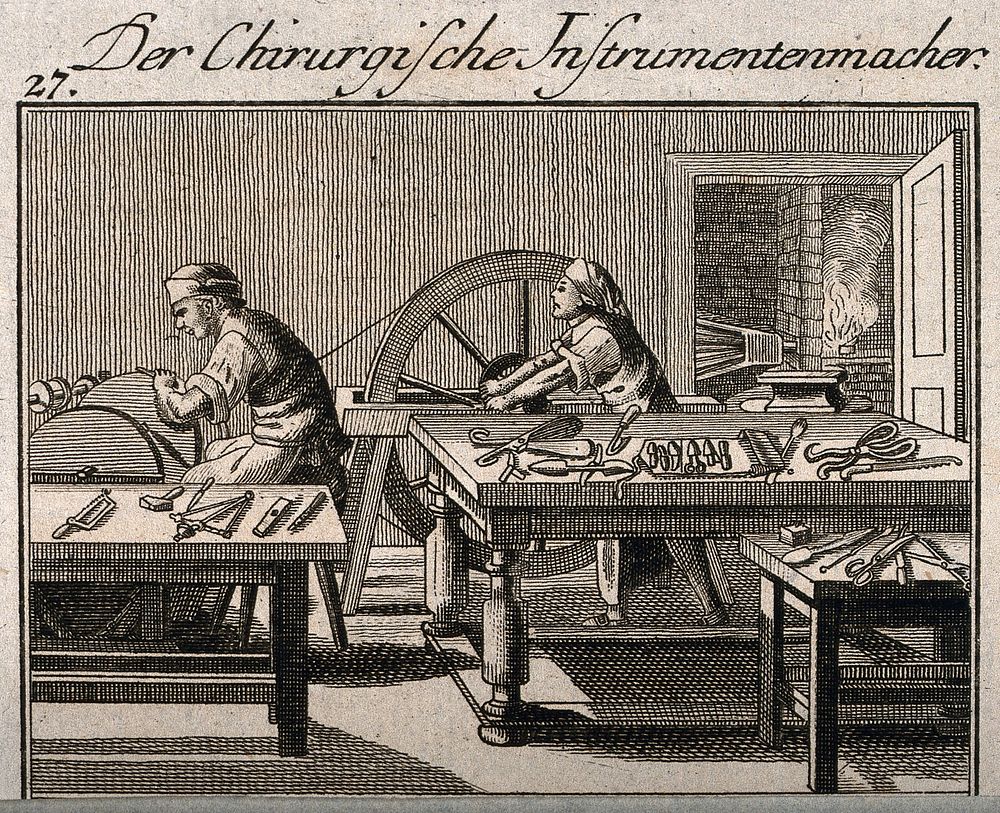 Surgical instrument-makers producing items in their workshop. Etching, 17--.