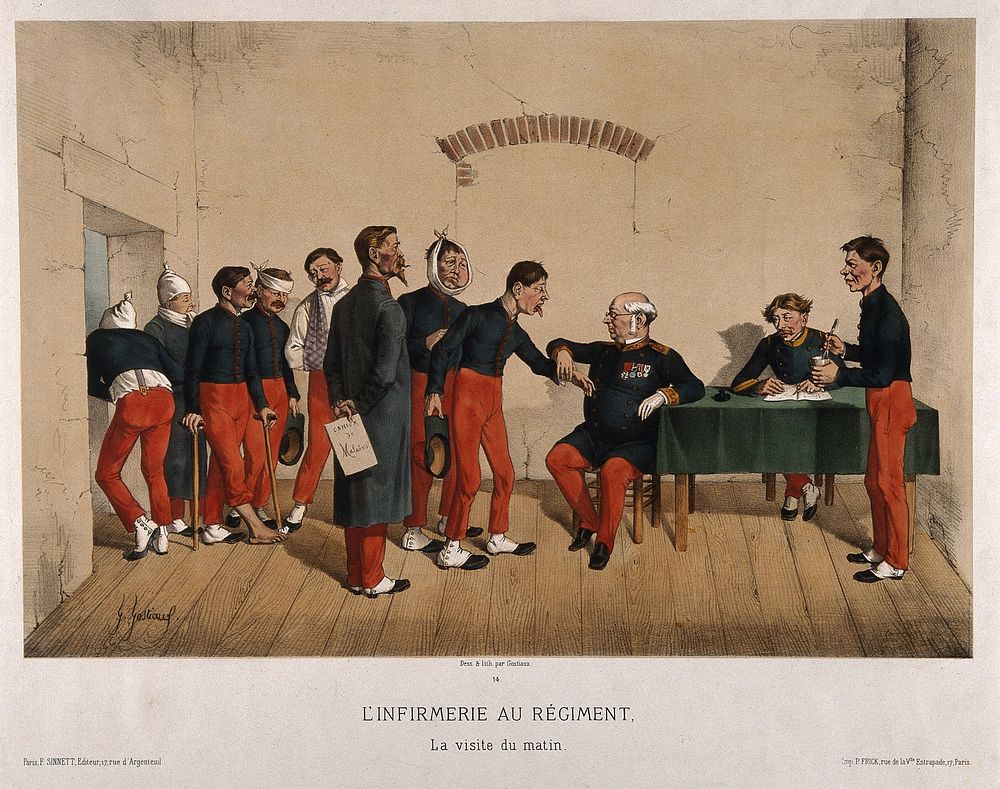 Ailing soldiers queuing up to see the doctor in a military surgery. Coloured lithograph by G. Gostiaux after himself.