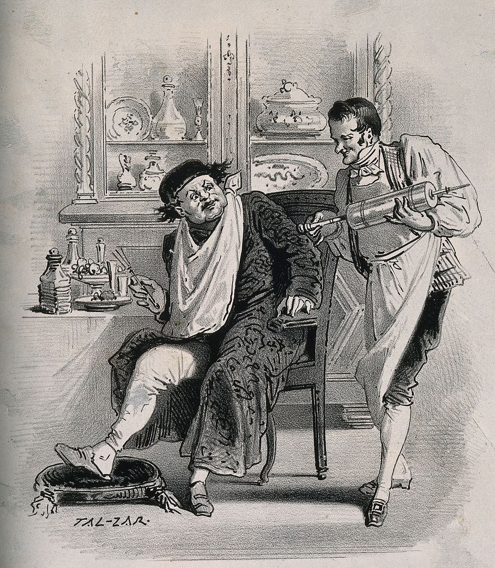 A wealthy man at his dinner table is offered a clyster by a servant. Lithograph by Tal-Zar.