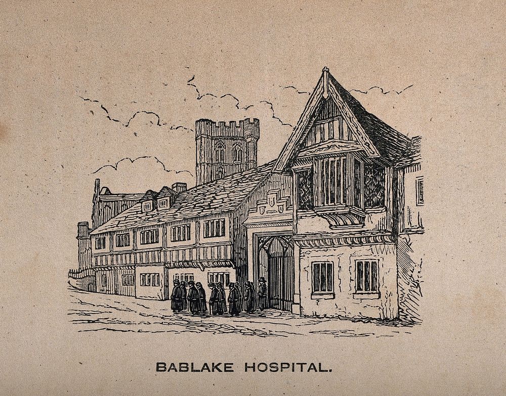 Bablake Hospital, Coventry, Warwickshire: the exterior with a group of students coming out. Wood engraving.