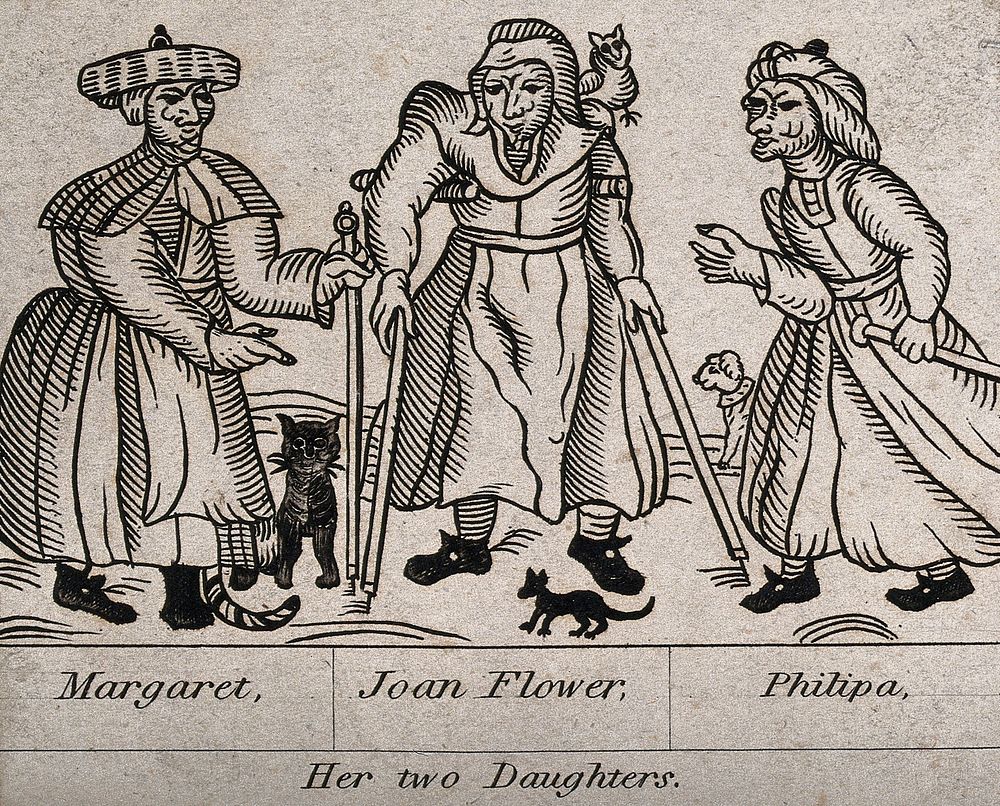 Three witches with a cat, a dog and a bird. Engraving, ca. 1800, after a woodcut, 1619.