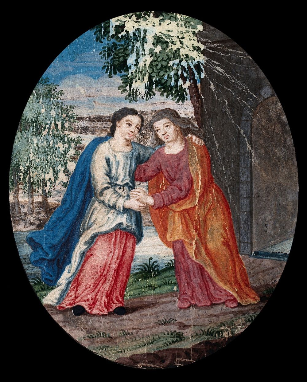 The Visitation of Mary to Elizabeth. Watercolour painting.