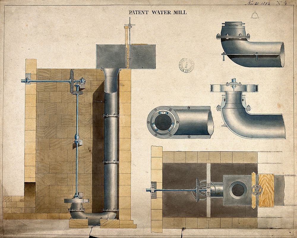 Machinery: a steam-driven water mill. Coloured drawing, 1854.