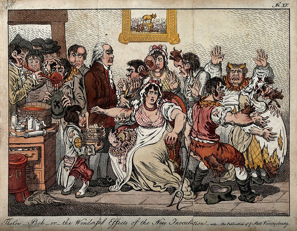 Edward Jenner vaccinating patients in the Smallpox and Inoculation Hospital at St. Pancras: the patients develop features of…