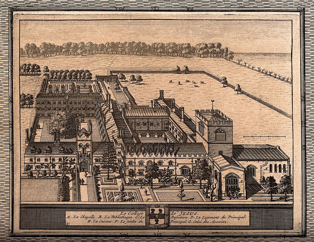 Jesus College, Cambridge: bird's eye view with a key and coat of arms. Line engraving.