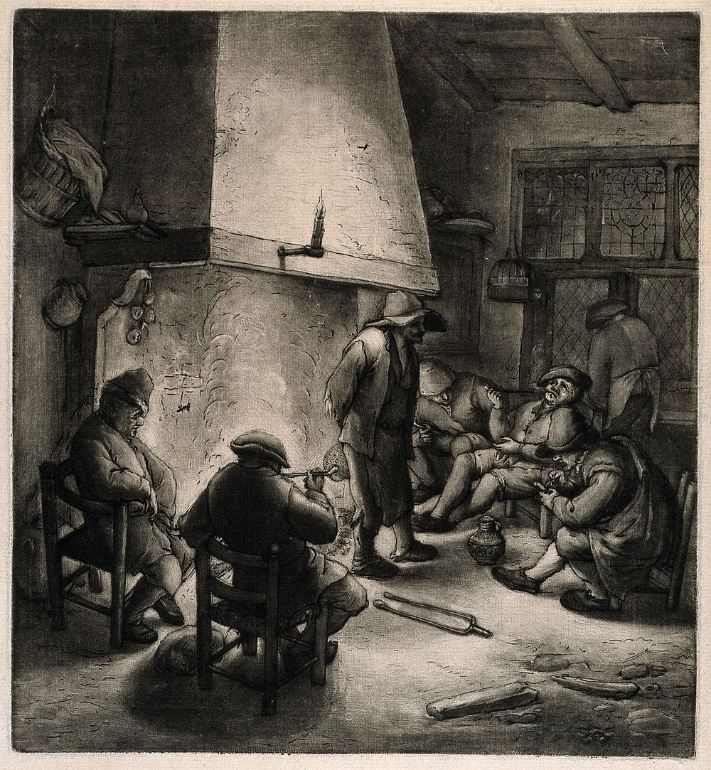 Five men sit smoking round a fireplace, another stands with his back to the fire. Mezzotint after A. van Ostade .
