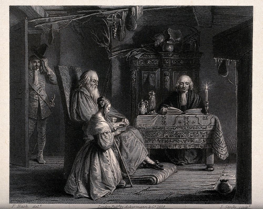 A girl kneels on the floor by an old man holding a book on his lap: another man sits at a table with an open book, a third…