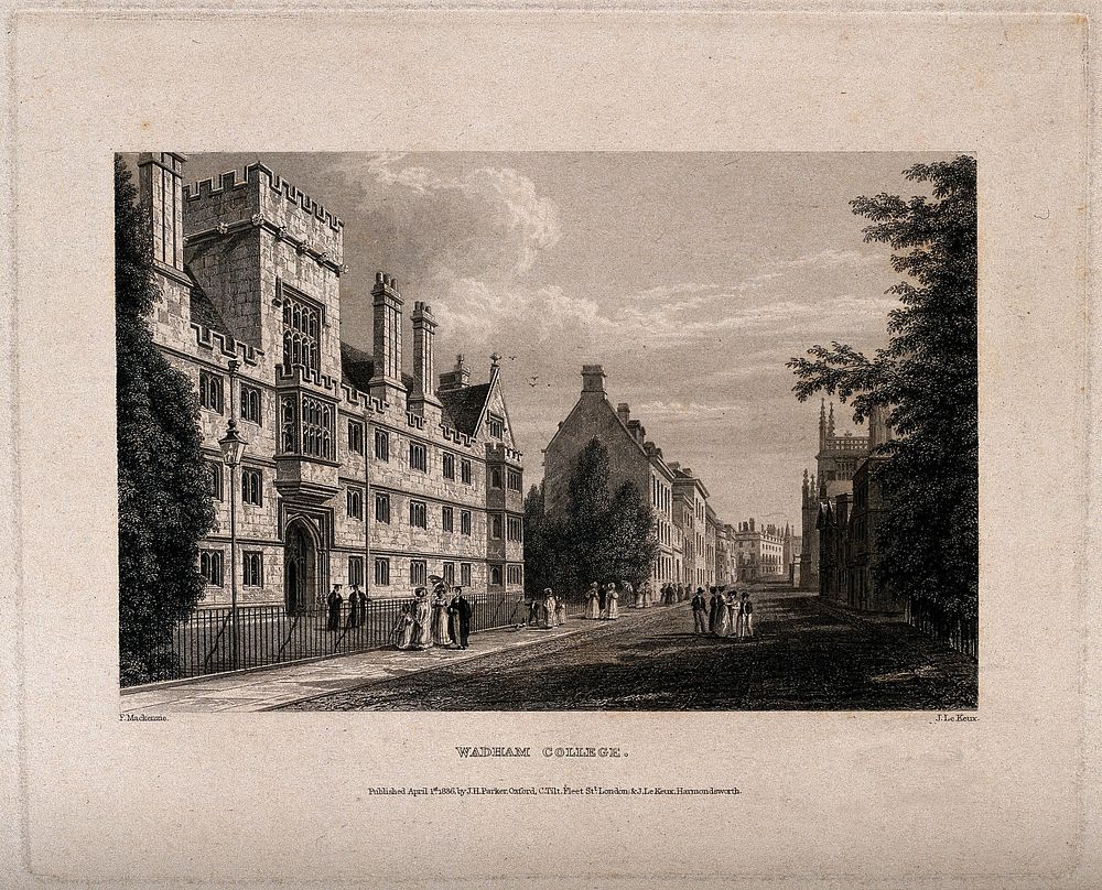 Wadham College, Oxford: panoramic view including Hertford College and the Bodleian Library. Line engraving by J. Le Keux…