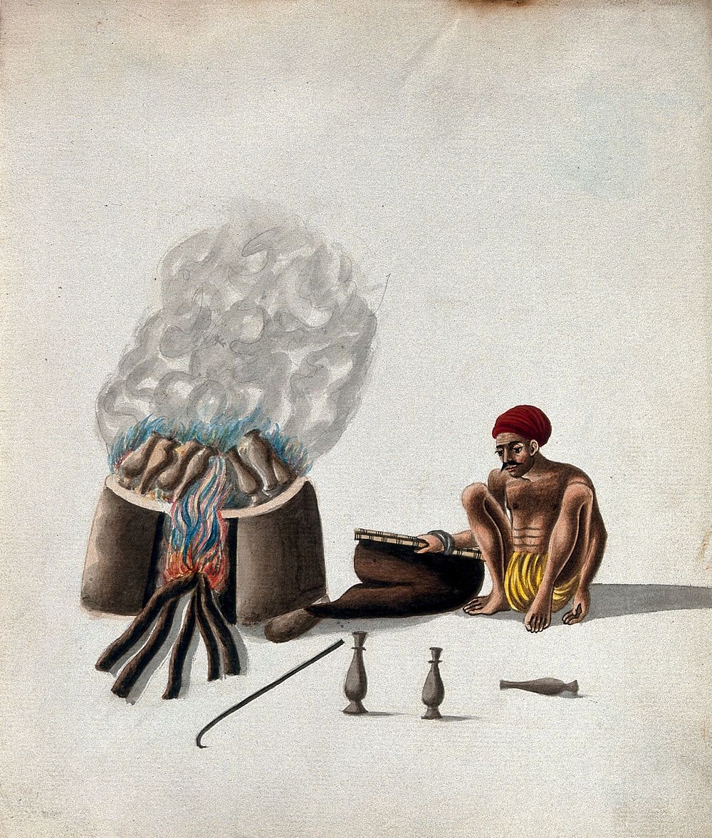 A man firing pots in a wood smoked oven. Gouache painting by an Indian artist.