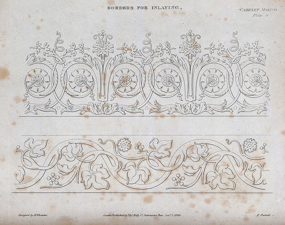 Cabinet-making: decorative borders. Engraving by E. Turrell after H. Whitaker, 1848.