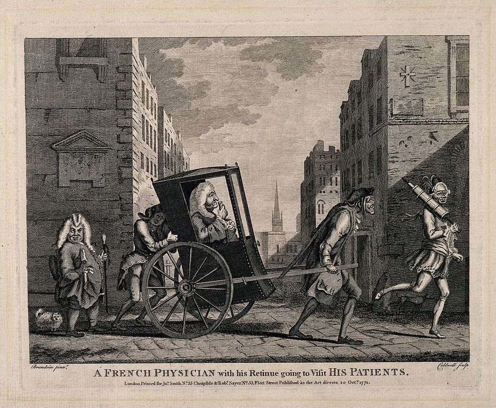 A French physician on his rounds with his entourage. Etching by J. Caldwell, 1771, after M. Brandoin.