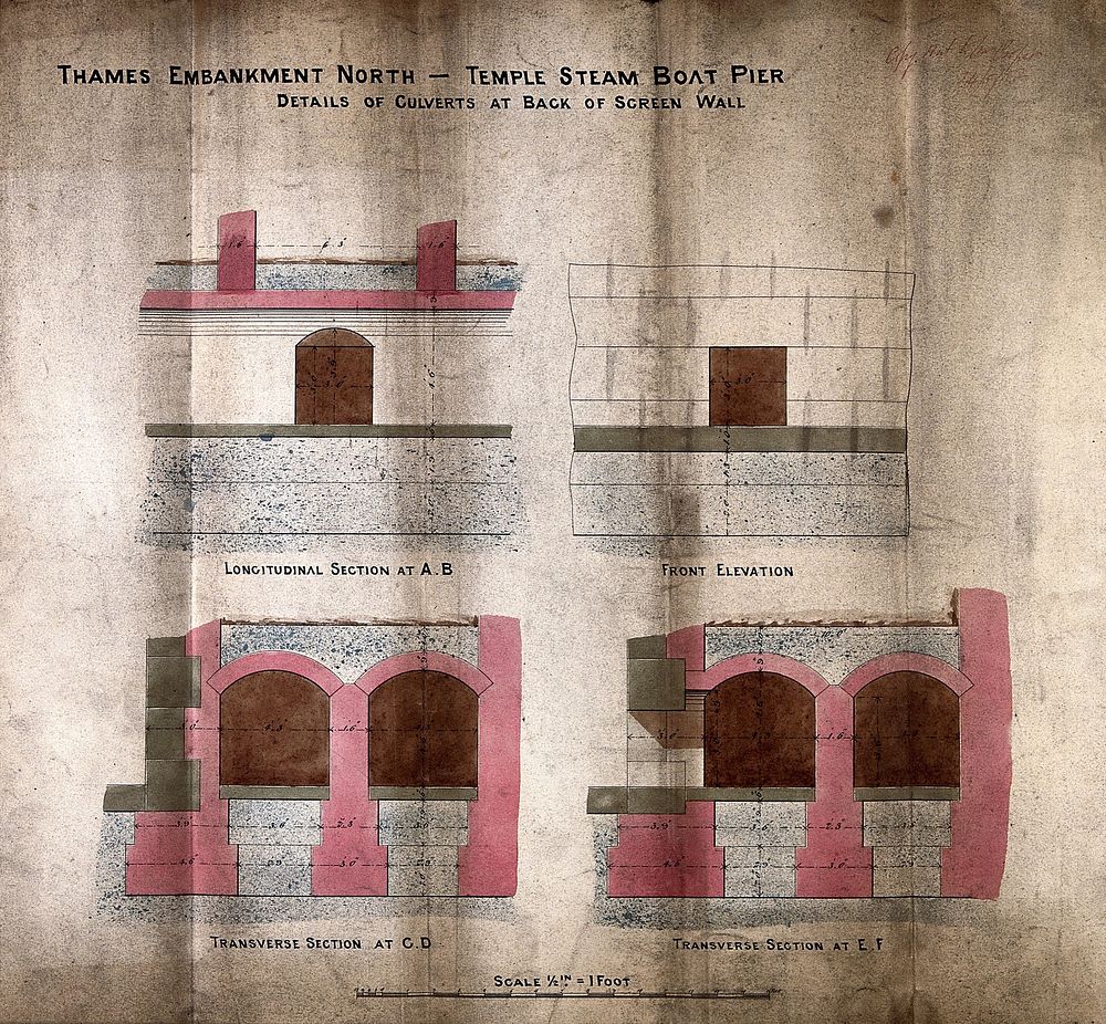 Civil engineering: construction drawings for the Thames Embankment. Coloured drawing, 1865.