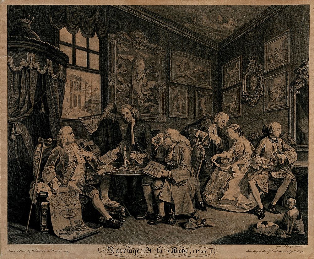 A nobleman and an alderman sit at a table neggotiating a marriage settlement between the son of the former and the daughter…