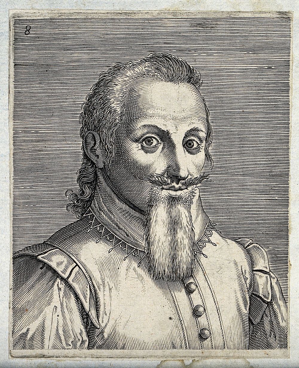 The head and a shoulders of a man with a long beard and a moustache that is combed upwards. Engraving by P. Galle.
