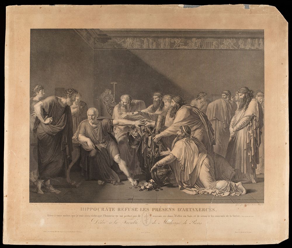 Hippocrates refusing the gifts of Artaxerxes. Engraving by Raphael Massard, 1816, after A.L. Girodet-Trioson, 1792.