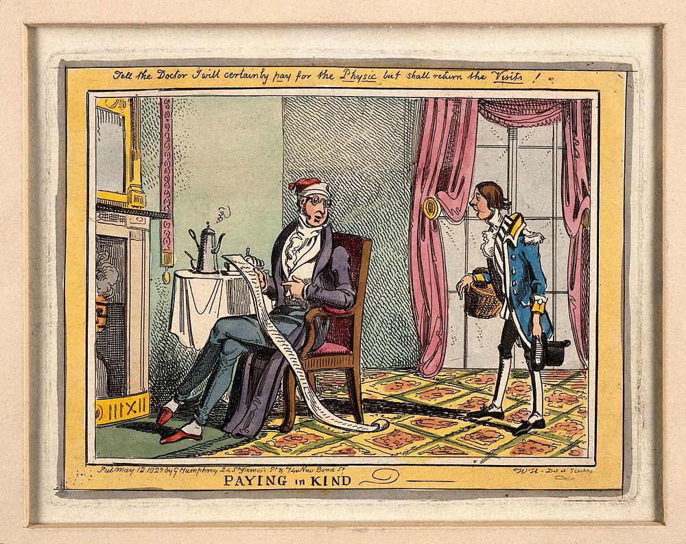 A town gentlemen exclaiming to his servant about a extremely long doctor's bill. Coloured etching by W. Heath, 1823.