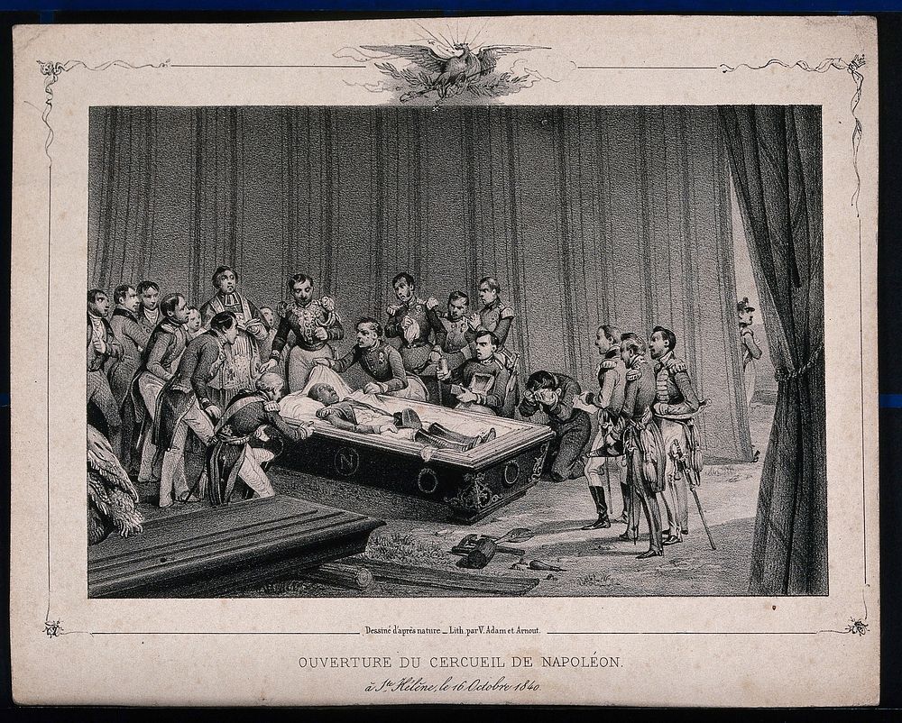 Clerics and military men surrounding the open coffin of Napoleon Bonaparte. Lithograph by J. Arnout after V.J. Adam.