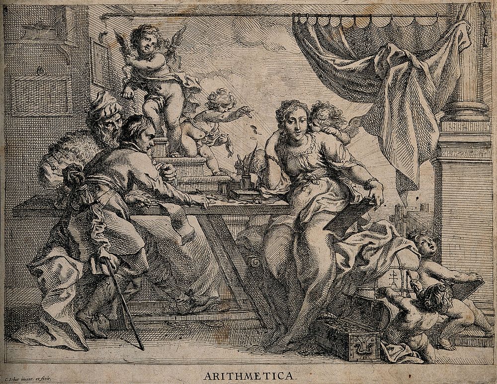 Two merchants and a woman at a table; representing arithmetic. Etching by C. Schut after himself.