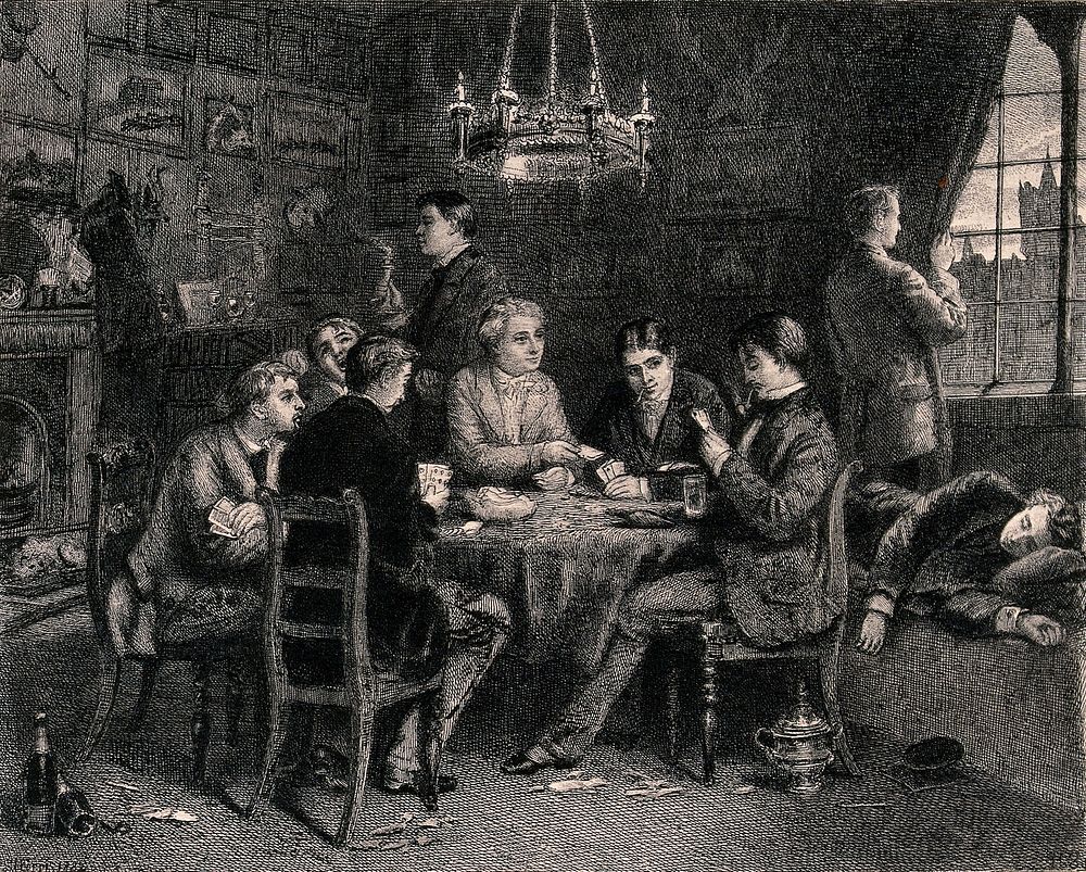 A group of men are sitting around a table, playing cards and smoking, there are empty bottles lying around on the floor and…