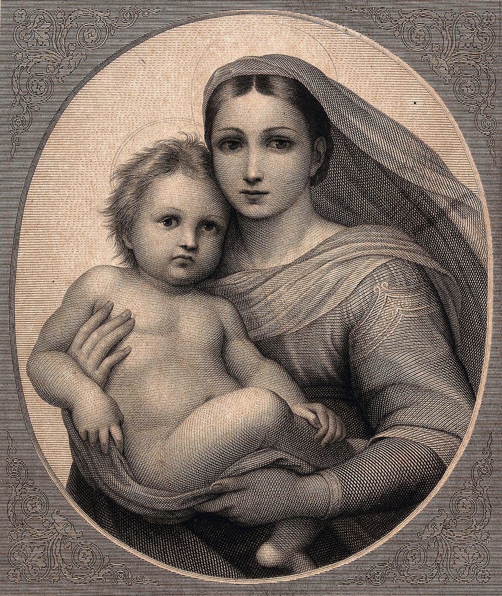 Saint Mary (the Blessed Virgin) with the Christ Child. Engraving by P. Lutz after Raphael.
