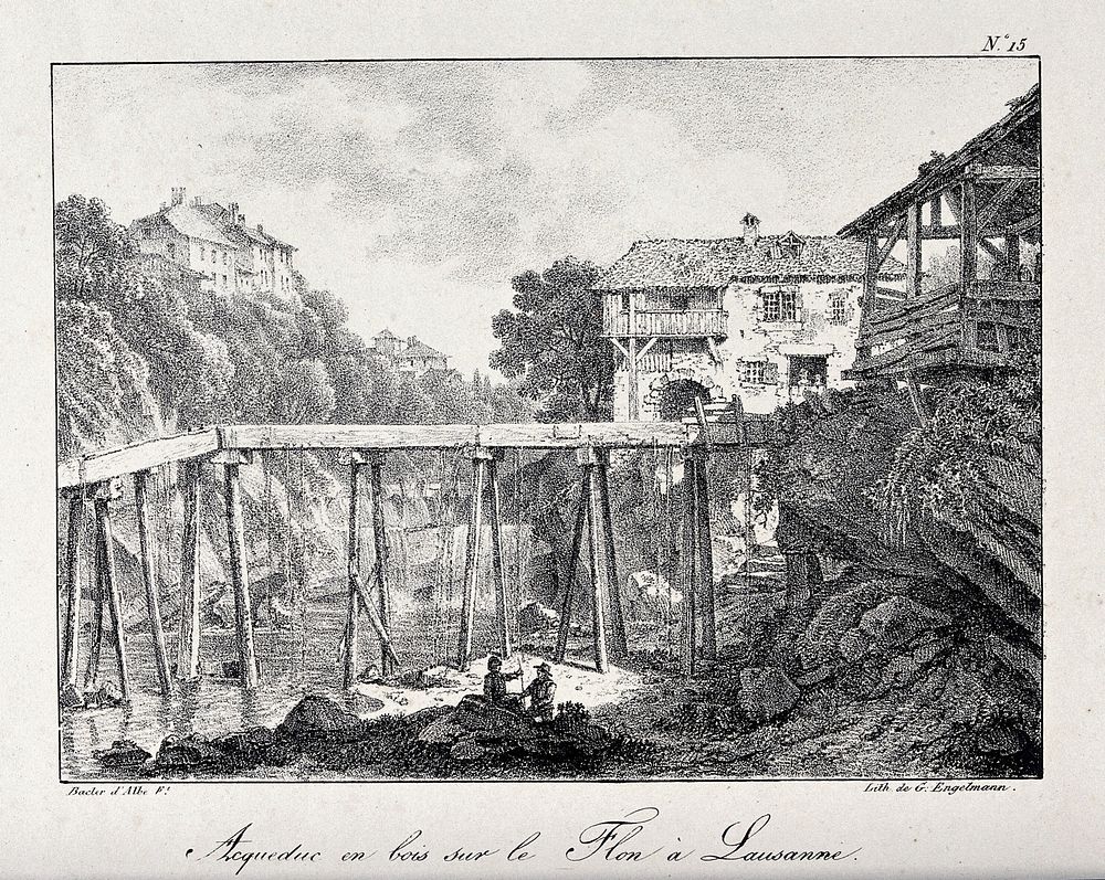 Lausanne, Switzerland: a wooden aqueduct over the river Flon. Lithograph by L. Bacler d'Albe.