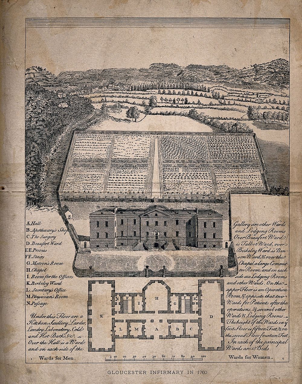 Gloucester Infirmary, England: with floor plan and printed text. Wood engraving.