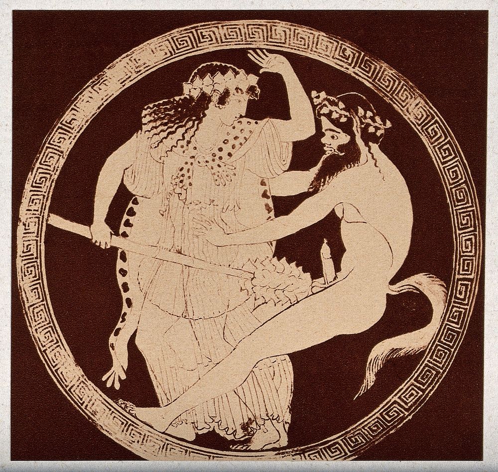 A depiction of a Maenad holding a thyrsus aimed at the erect penis of a seated satyr. Colour process print, 1921.
