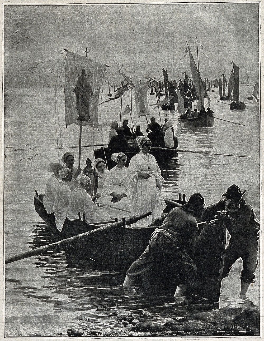 The sisterhood of Saint Anne de Fouesnant arriving at Concarneau. Photogravure after A. Guillou, 1887.