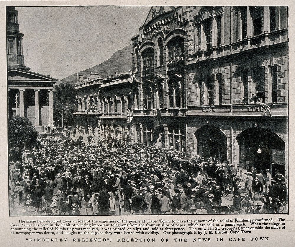Boer War: a large crowd in Cape Town on hearing news of the relief of Kimberley. Halftone, 1900, after J. Bruton.