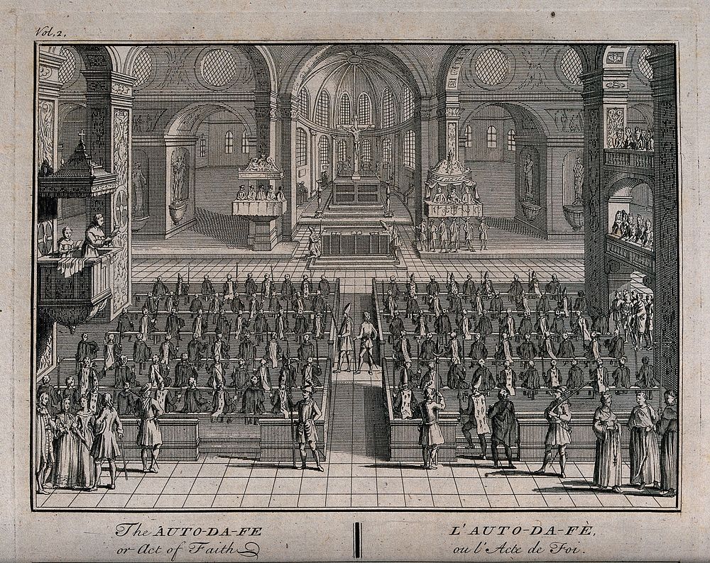 An auto-da-fé of the Spanish Inquisition held in a church. Engraving by B. Picart.