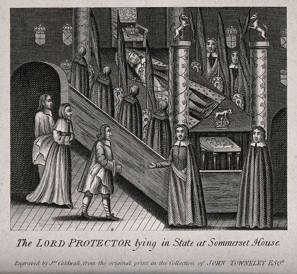 The Lord Protector, Oliver Cromwell, lying in state at Somerset House, surrounded by mourners. Engraving with etching by…