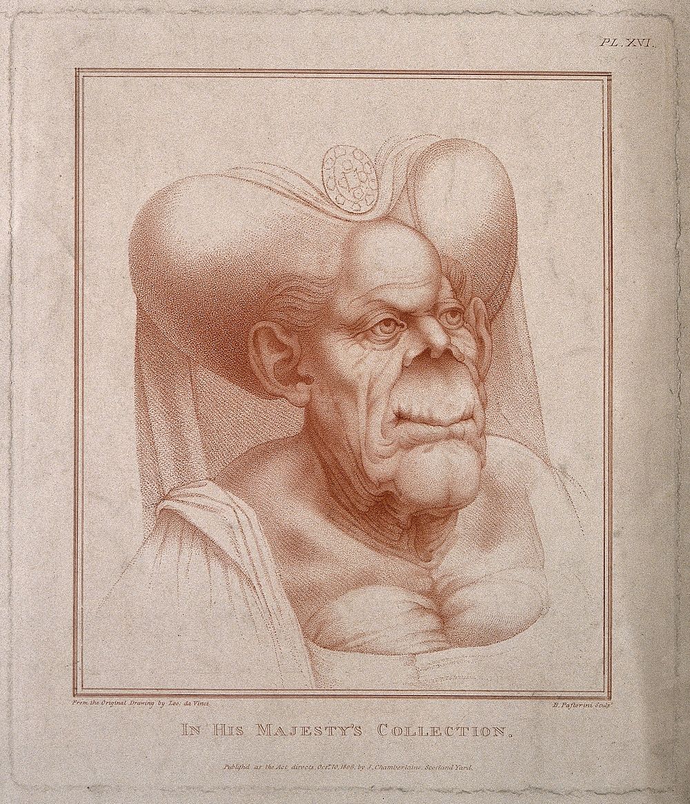 Head and shoulders of a hideous old woman wearing an escoffin over a wimple. Colour stipple engraving by B. Pastorini, 1806…