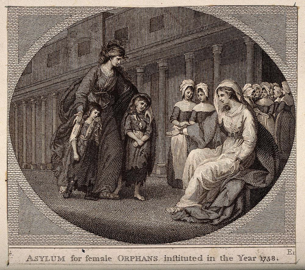 Two children are brought to the nurses of the Asylum for Female Orphans, Lambeth, London. Etching.