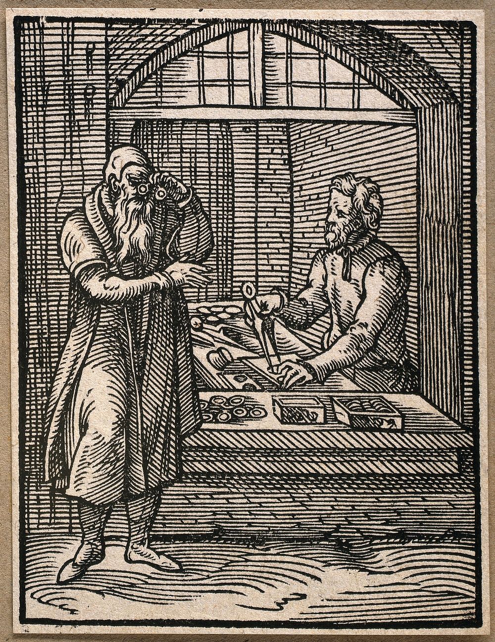 An old man trying on spectacles at a street vendor's optical shop. Woodcut by J. Amman, 1568.