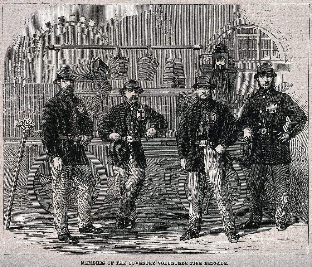 Four firemen stand in front of their fire-engine. Wood engraving.