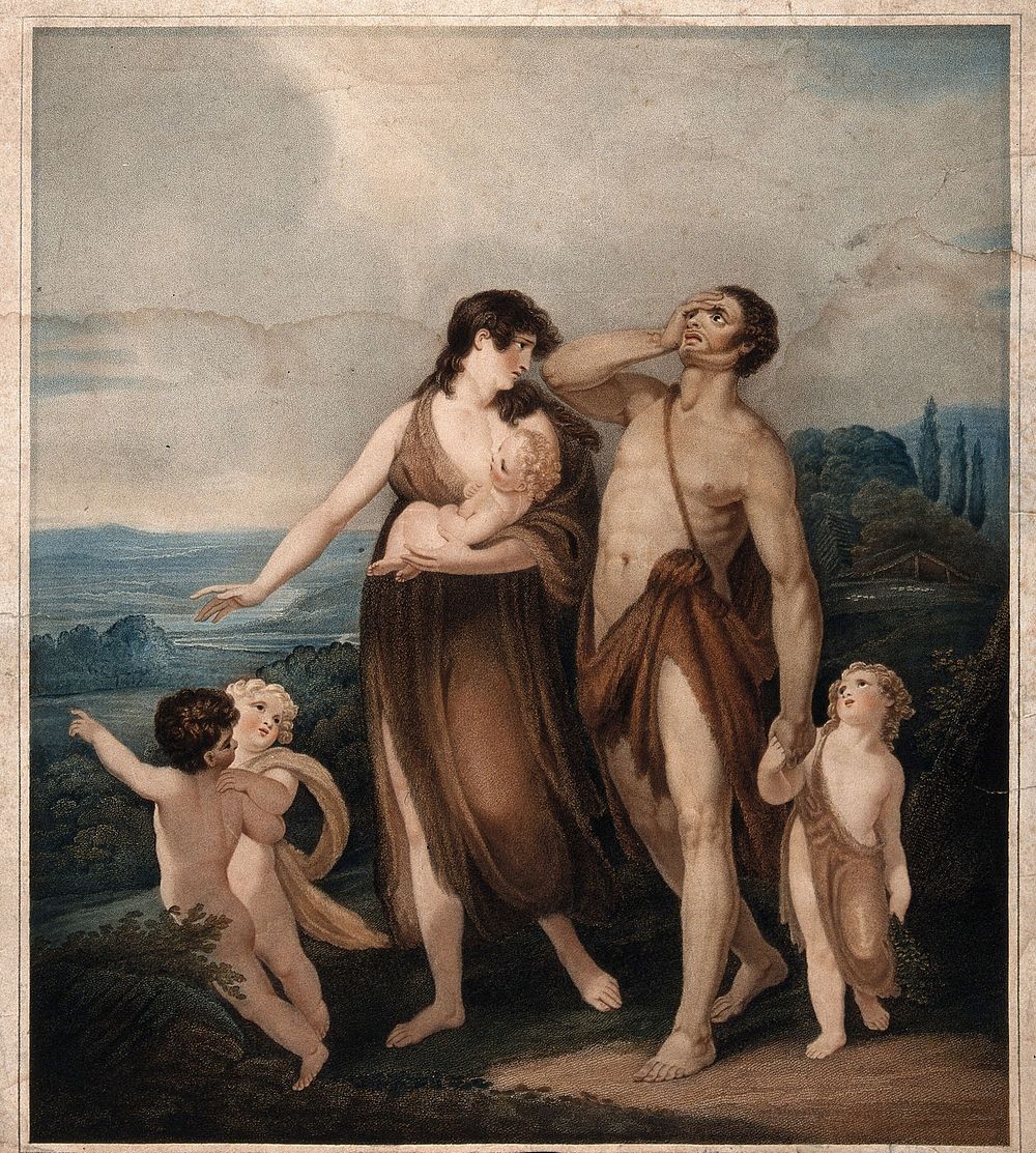 A couple in animal skins (Adam and Eve) journeying with three children after the expulsion. Coloured stipple engraving.