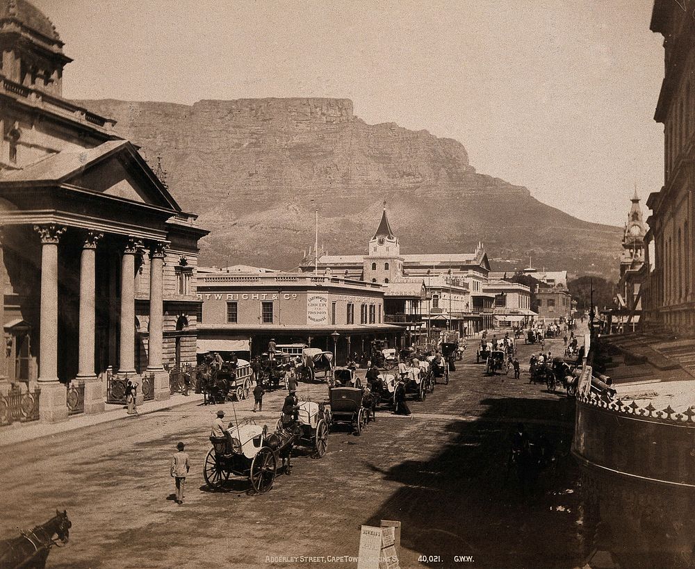 Cape Town, South Africa: horses and carriages on Adderley Street, with Table Mountain in the background. Photograph by…