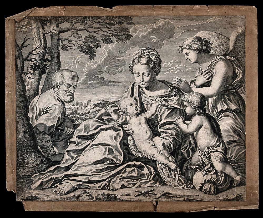 Saint Mary (the Blessed Virgin) and Saint Joseph with the Christ Child, Saint John the Baptist and an angel. Engraving by J.…