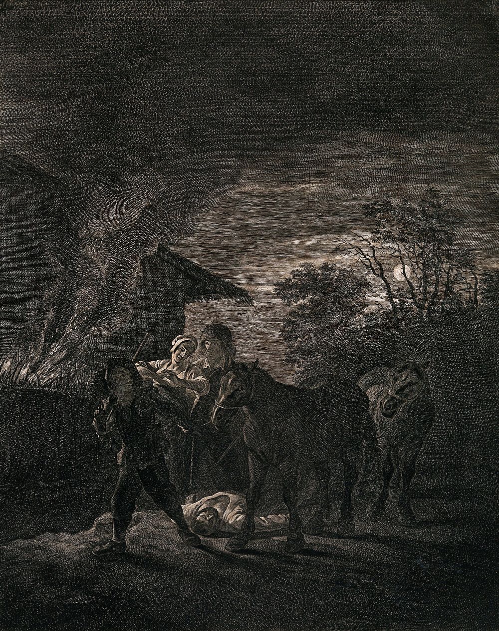 A stable on fire at night: a man leads two horses past a lamenting couple and a dead man. Etching with engraving by C.…